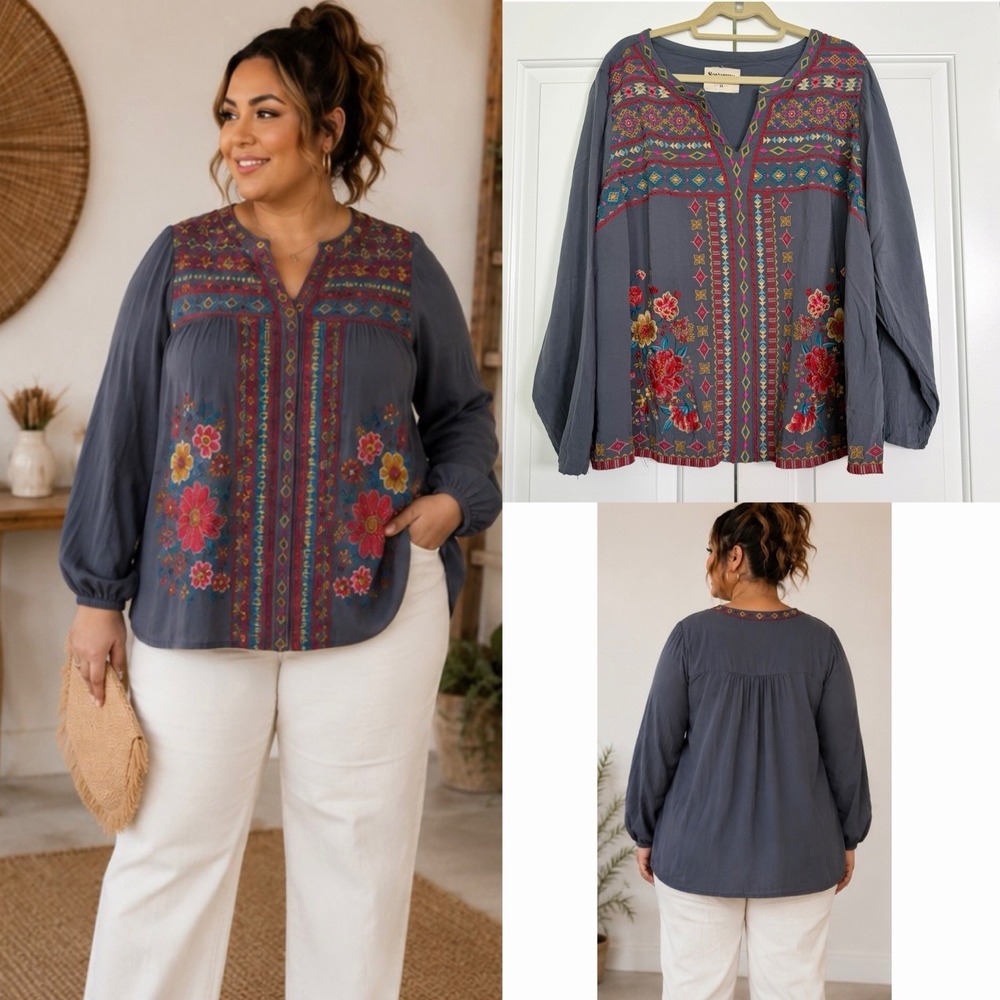 Savanna Jane Sz 3X Embroidered Floral Boho Gray Blouse Western Peasant Artisan